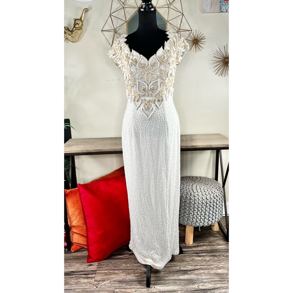 Elegant White Beaded Prom Gown with Gold Embellishment